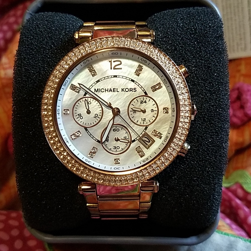 Michael Kors rose gold diamond & pearl face watch